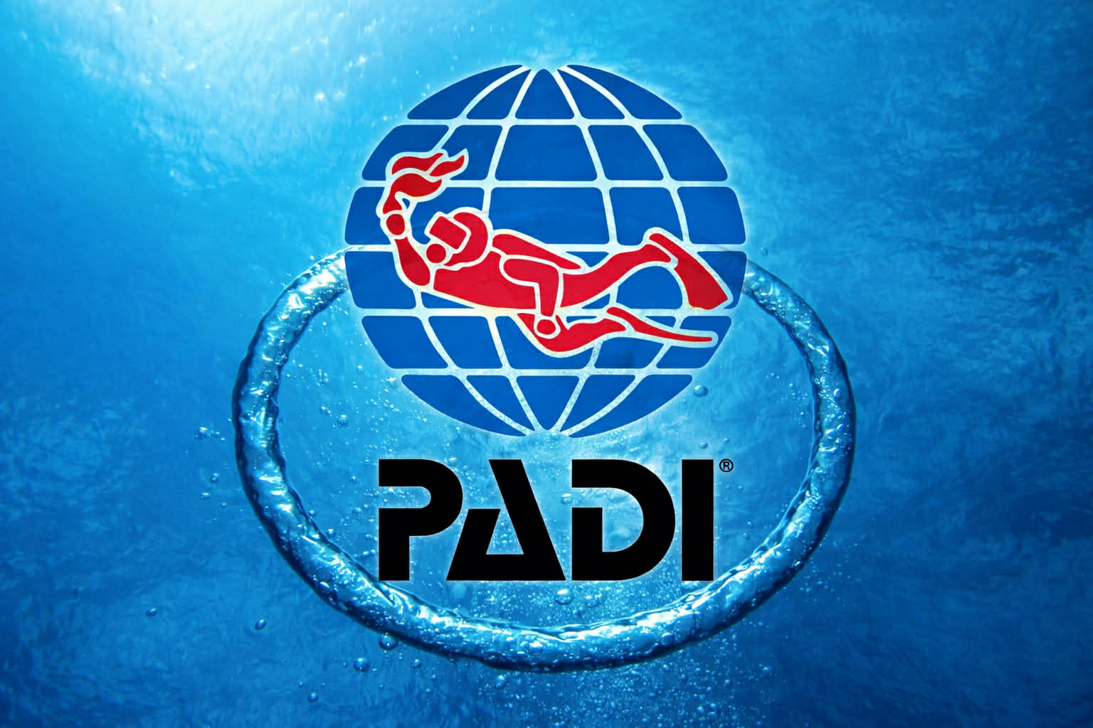 PADI scuba diving organization logo underwater with bubble rings